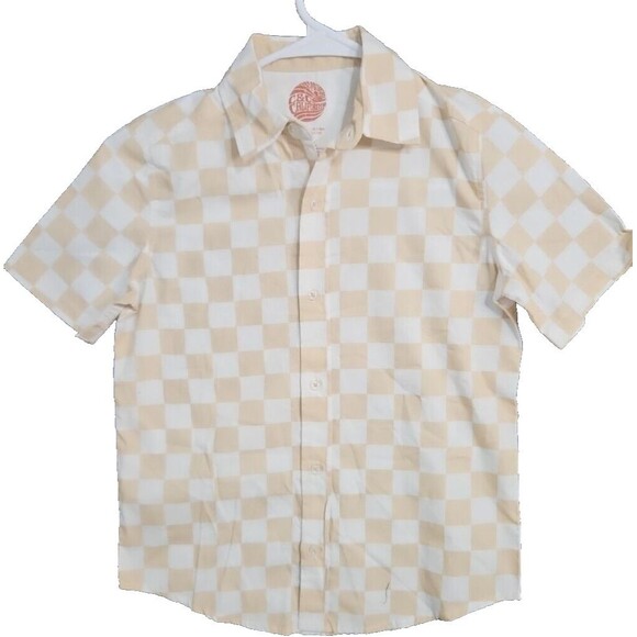 C&C California Boy's 7/8 Button Up Tan & White Checkered Button Up Shirt NWOT - Picture 1 of 6
